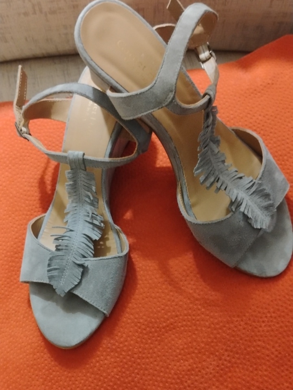 Garnet Hill Natalia Grey Suede T-strap Fringed Wedges